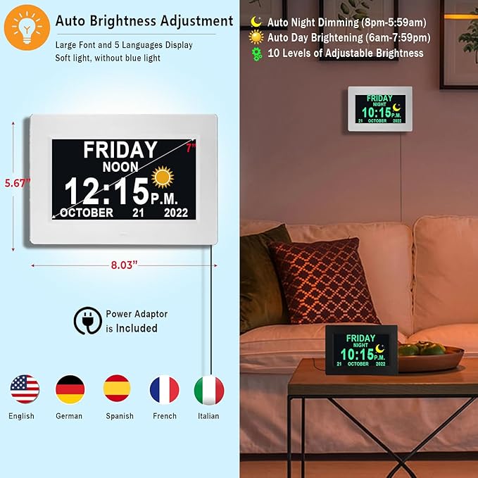 MASSII 7" Black +7" White Digital Clock with Auto DST and 20 Alarms Custom Reminders, Non-Abbreviated Calendar Day Date Clock for Seniors Dementia Alzheimers'
