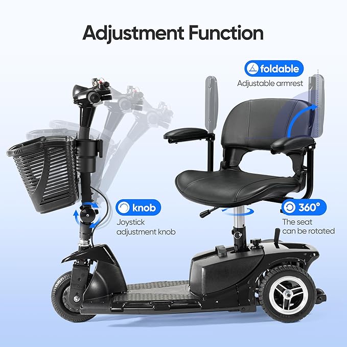 3 Wheel Mobility Scooters for Adults，Collapsible Electric Powered Wheelchair，Portable Compact Motorized Scooter for Travel，Long Range Power，Battery with Charger，Basket and Cup Holder (Black)