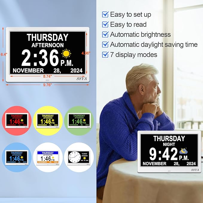 SSYA Dementia Clock for Seniors Digital Large Calendar Alarm Clock Auto DST White