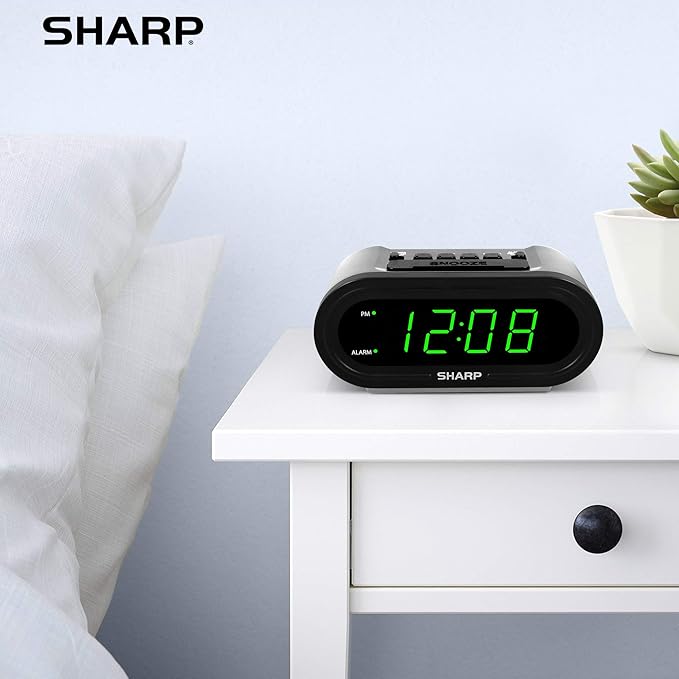 Sharp AccuSet Automatic Smart Alarm Clock – Self-Setting Digital Clock, Auto Time & DST Adjustment, Easy-Read Green LED Display, Battery Backup, Simple Plug-and-Play Clock for Seniors & Bedrooms
