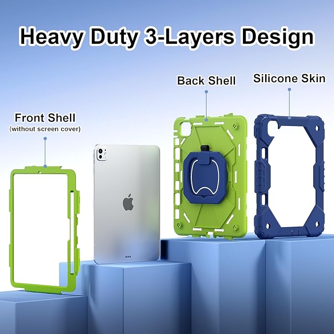 Dteck for iPad Pro 11 inch (M4/M5) 2024/2025 Release Shockproof Case with Shoulder Strap/Pencil Holder/Rotating Kickstand Handle, Heavy-Duty Sturdy Rugged Cover, Protective Tablet Shell, Blue Green