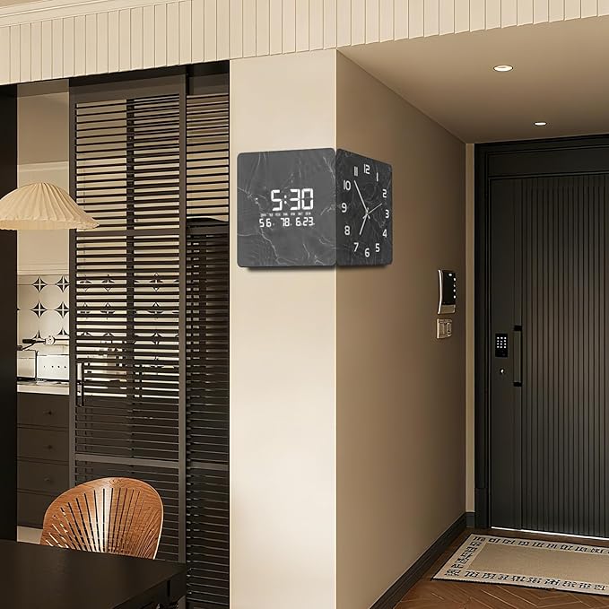 12'' Double Sided 90° Corner Wall Clock, Gray Water Ripple, Radar Motion Activated, Analog & LED Display with Temp Humidity Date Day, Silent Non-Ticking Plug-in for Living Room Kitchen