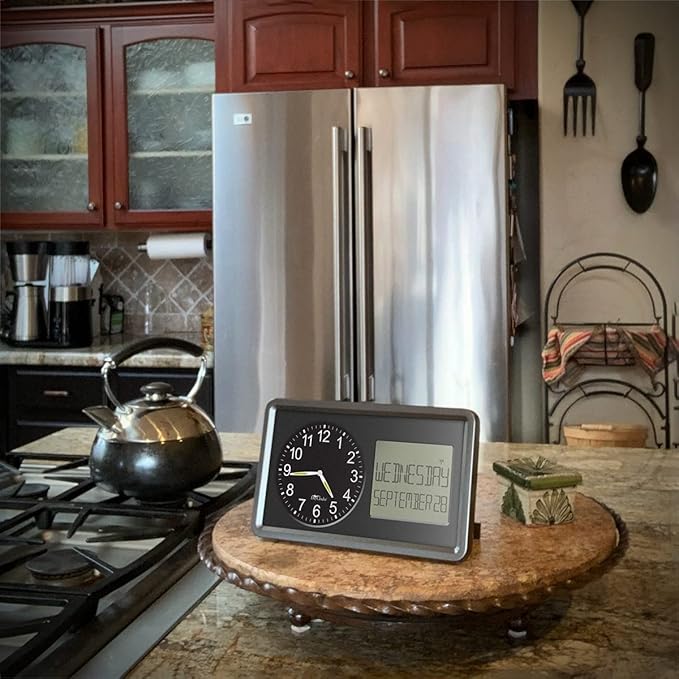 Atomic Combines Analog Time and Digital Display for Day and Date – 10” Display Alarm Clock - Battery Powered Soft Display - Black Frame
