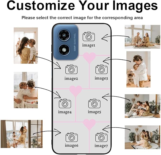 Personalized Photo Case for Motorola Moto G Play 2024 6.5 inch, Thin Slim Soft Rubber Black Phone Cover, Custom Picture Collage Pink Heart Cute Case for Women Girl, Gift for Birthday Anniversary