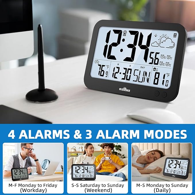 Atomic Clock,10" Digital Clock Large Display, Wall Clocks Battery Operated with Backlight, Wireless Outdoor Sensor, Alarm Clock Indoor Outdoor Temp, 4 Time Zones, Auto DST, Clock for Bedroom (Black)