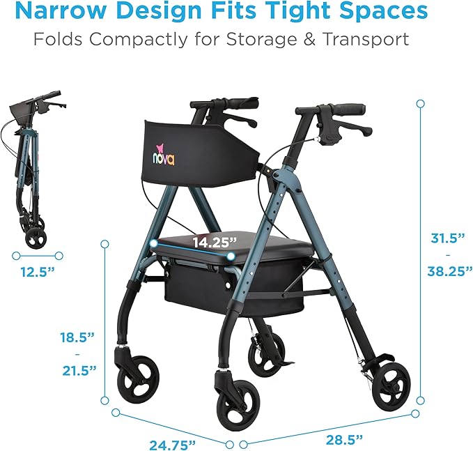 NOVA Star 6 Foldable Rollator Walker for Seniors, Wide Padded Backrest with Seat, 6” All-Terrain Wheels, Easy-Grip Locking Hand Brakes, Height Adjustable, Blue