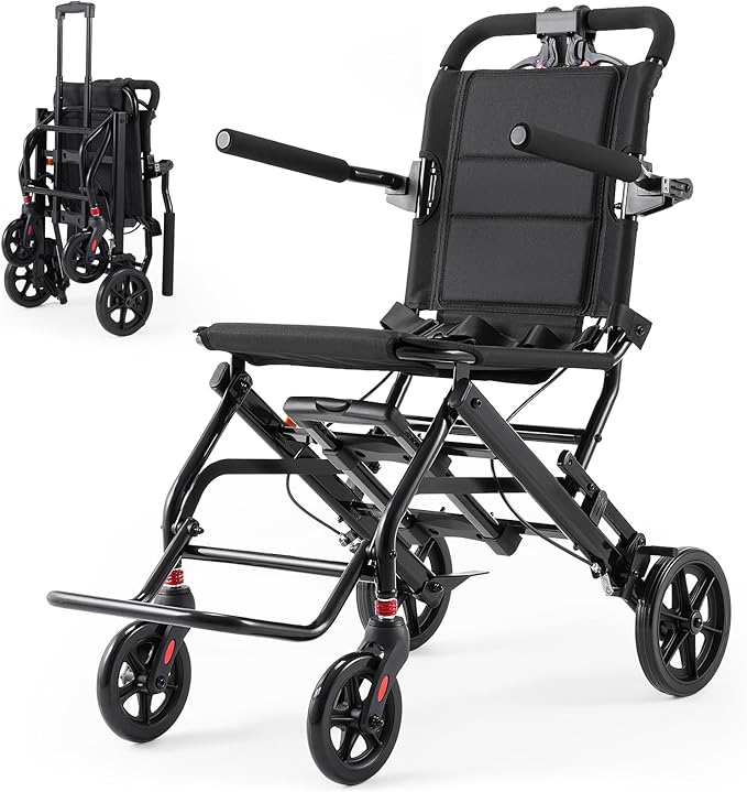 22lbs Ultra Lightweight Folding Transport Wheelchair for Adults & Seniors, Portable Travel Wheelchair with Telescopic Handle (Black)