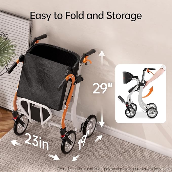 2 in 1 Walker Wheelchair Combo, Foldable Rollator Walkers for Seniors with Seat, Lightweight Rolling Walker with Height Adjustable, Easy Storage & Travel Walker Chair, No Installation, Orange