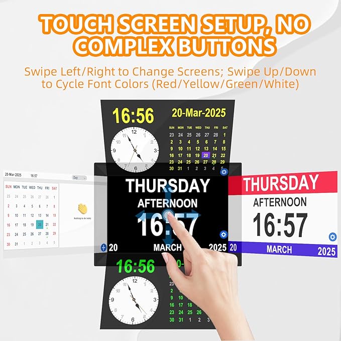 Bgift 10.1Inch Touch Screen Digital Alarm Clock for Seniors,with Date and Day of Week, Auto DST 64 Alarms 40 Reminder,Digital Calendar for Elderly,Auto Dimmable Gifts