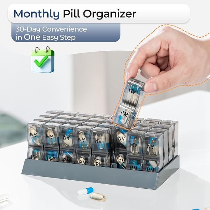 Monthly Pill Organizer AM/PM 31-Day Travel Medicine Case 4-Week Pill Box Grey