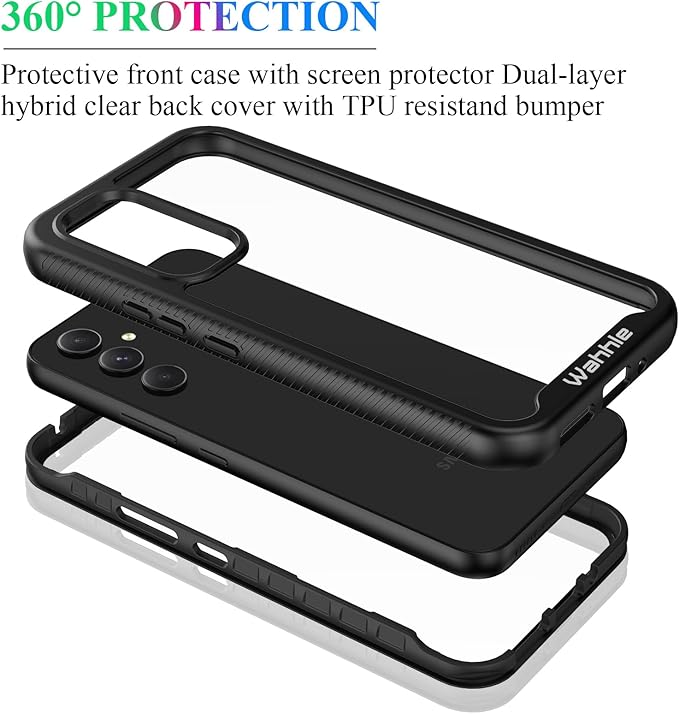 wahhle Compatible with Samsung Galaxy A54 Case, Built in Screen Protector Full Body Shockproof Slim Fit Bumper Protective Phone Cover for Samsung A54 5G Men Women-Black/Clear