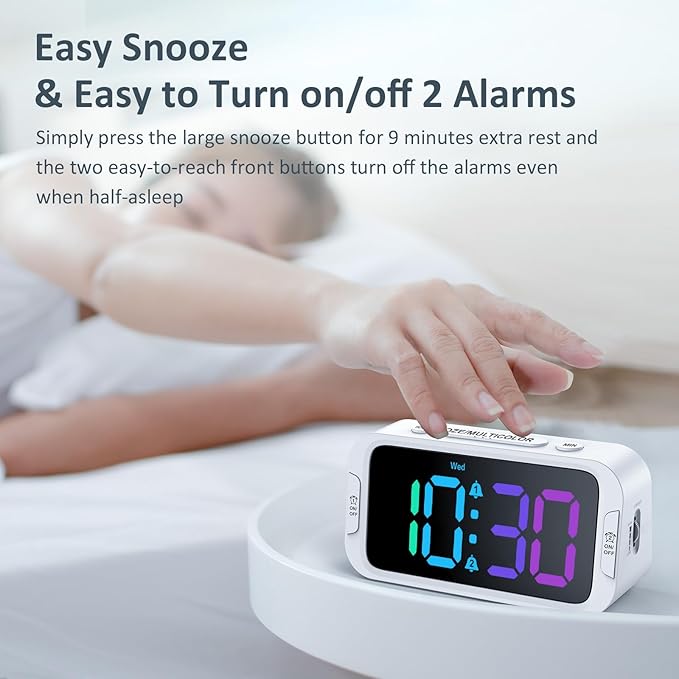 Odokee Dual Colorful Alarm Clock for Kids Bedroom - 0-100% Dimmer, 5 Alarm Sounds, USB Charger, Easy to Set, Weekday/Weekend Mode, Snooze, 12/24Hr, Battery Backup, Digital Clock for Teens Boys Bedside