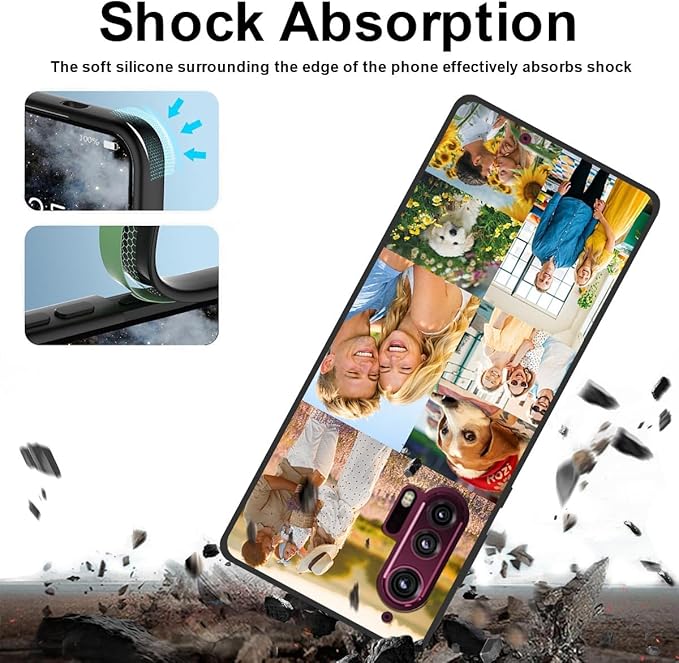 Custom Personalized Case for Motorola Moto Edge Plus 2020 6.7 inch, Customized Multiple Photos Collage Text Phone Cover, Full Body Shockproof Soft Silicone Case, Anti-Scratch, Wireless Charging, Black