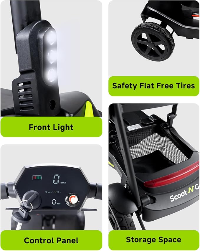SCOOTNGO 4 Wheel Mobility Scooters for Seniors & Adults Lightweight Foldable Airline Approved Electric Scooter, with Two Removable Batteries 20 Miles Range 5 MPH Speed
