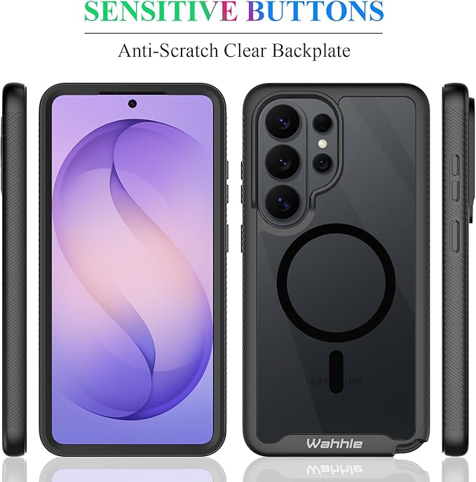 wahhle Compatible with Samsung Galaxy S26 Ultra Case, Magnetic Wireless Charging Built in Screen Protector Full Body Shockproof Slim Fit Bumper Protective Phone Cover, Black/Clear