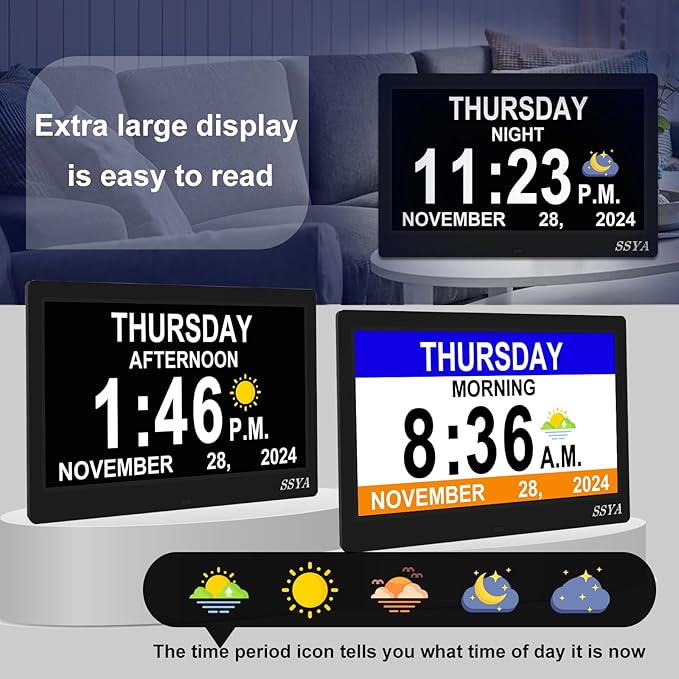 SSYA Dementia Clock for Seniors Digital Large Calendar Alarm Clock Auto DST Black