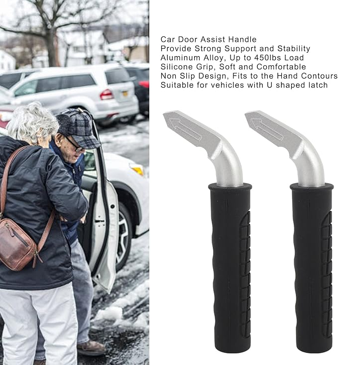 2PCS Car Door Assist Handles, Non Slip Silicone Grip Automotive Grab Support Bar, Ergonomic Portable Handle for Seniors and Mobility Assistance with Aluminum Alloy Frame for Most (Black)