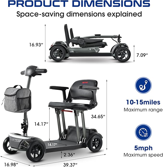 Metro Mobility Powered Mobility Scooters, 4 Wheel Foldable Mobility Scooter for Adults-265 lbs Capacity Folding Mobility Scooter, 10 Miles Long Travel Range Scooter with USB Charger Port Black
