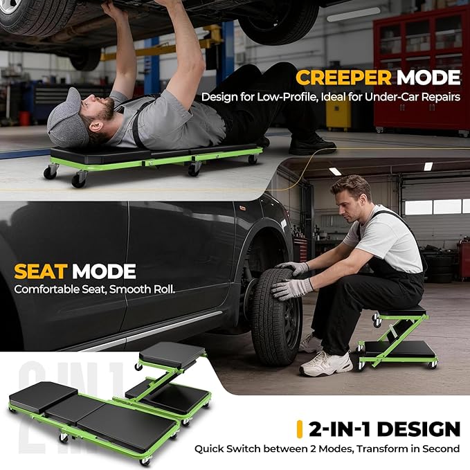 Auto Dynasty 36" Z-Creeper Seat, 2-in-1 Foldable Garage Creeper Shop Seat, 330 LBS Capacity Automotive Mechanic Repair Under Car Rolling Creeper Seat, Green