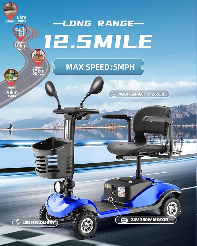 Folding Mobility Scooter for Seniors 4 Wheel Scooter for Adults Electric Medical Scooter Compact for Travel - Electric Powered Wheelchair Device - Compact Heavy Duty Mobile (Blue)