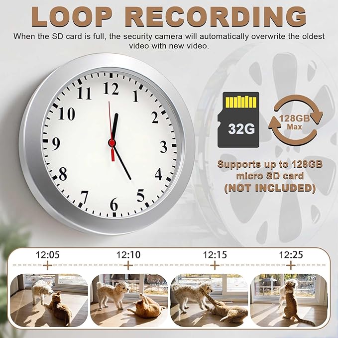 1080P HD Mini Camera Wall Clock Cameras with Motion Detection Indoor Security Hidden Cam Pet Camera for Home/Office, No Wi-Fi