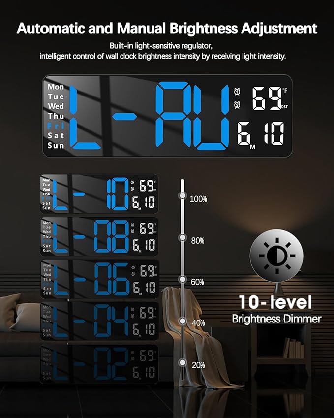 JoFomp Digital Wall Clock - 13" Large LED Display, Loud Alarm, Remote Control, DST, Auto-Dimming, Date and Day, Timer, Temperature - 12/24H Format - Ideal for Living Room, Bedroom, Kitchen