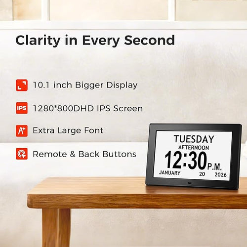 10.1'' Digital Clock With Date And Time, Dementia Clock, Large Display Alarm Clock For Seniors, 10Reminders, 6Alarms, Auto-Dimming, Auto DST, Remote Control, Gifts For People With Dementia, Black