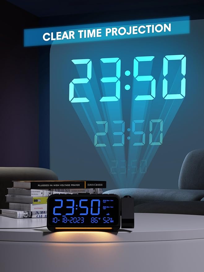 Mesqool Projection Alarm Clock for Bedroom Ceiling, Digital Clock Projector with Weekday/Weekend Mode, Date, Temperature, Humidity, Type-C USB Charger, Snooze, Dual Alarms, Dimmer,12/24H