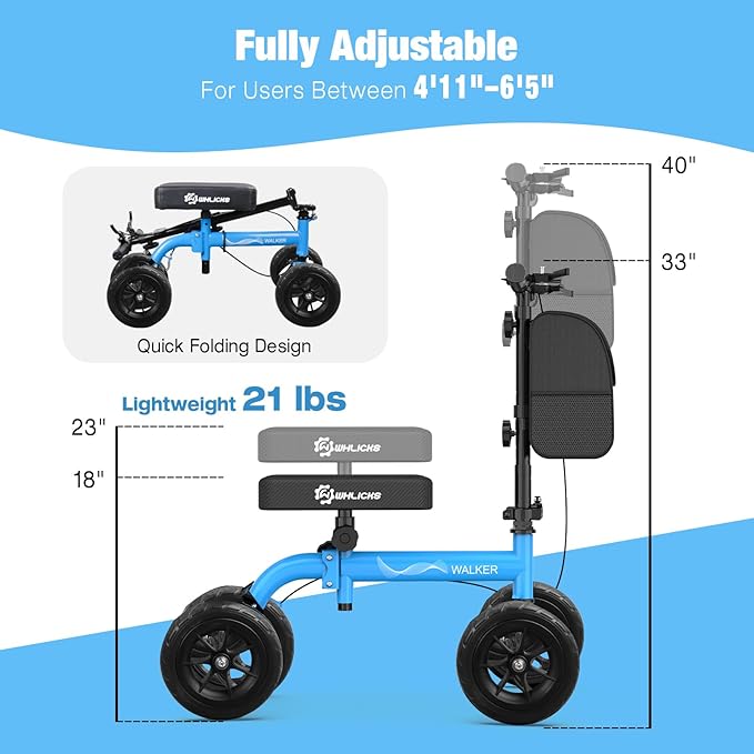 WHLICKS All Terrain Knee Scooter for Adults for Foot Surgery, Foldable & Steerable Knee Walker with PU Wheels, Medical Knee Scooter for Broken Foot Injured, Lightweight Leg Scooter for Broken Ankle