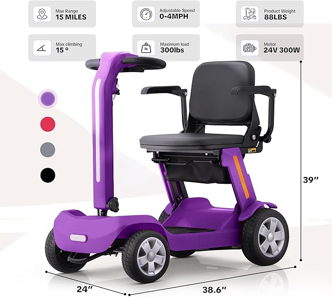 Foldable Mobility Scooter for Adults & Senior, 4 Wheels Powered Device for Travel, Lightweight and Portable, with LED Strip Light, Storage Bag, Charger Included, No Assemble Required (Purple)