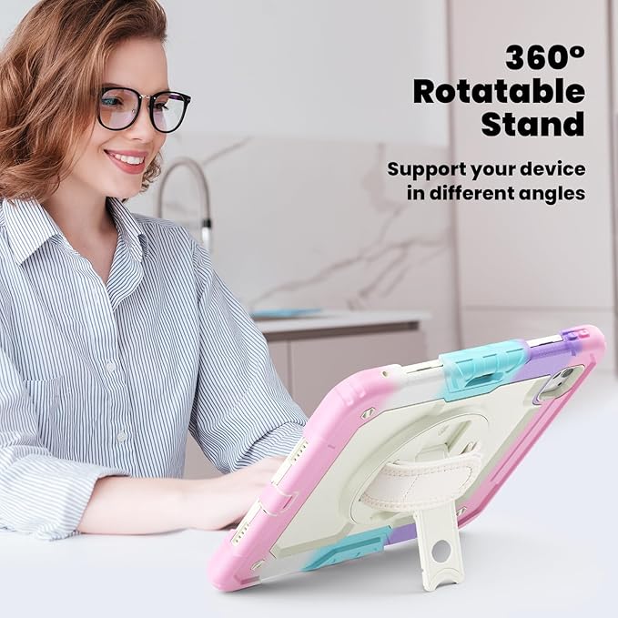 Dteck for iPad Pro 11 inch (M4/M5) 2024/2025 Shockproof Case with Screen Protector/Stylus Pencil Holder/Rotating Kickstand/Grip Hand Strap, Heavy Duty Protective Rugged Tablet Cover, Colorful Pink