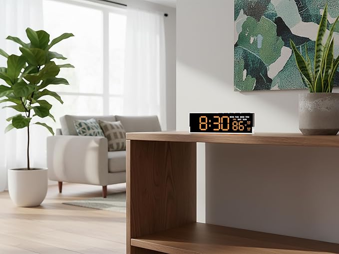 45MinST 7-Inch LED Digital Alarm Clock with Bottom Glow Light｜Displays Time, Date, Day, Temperature｜Dual Alarms, DST, Auto/Manual 3-Level Brightness, Battery or USB Powered Desk Clock,Orange