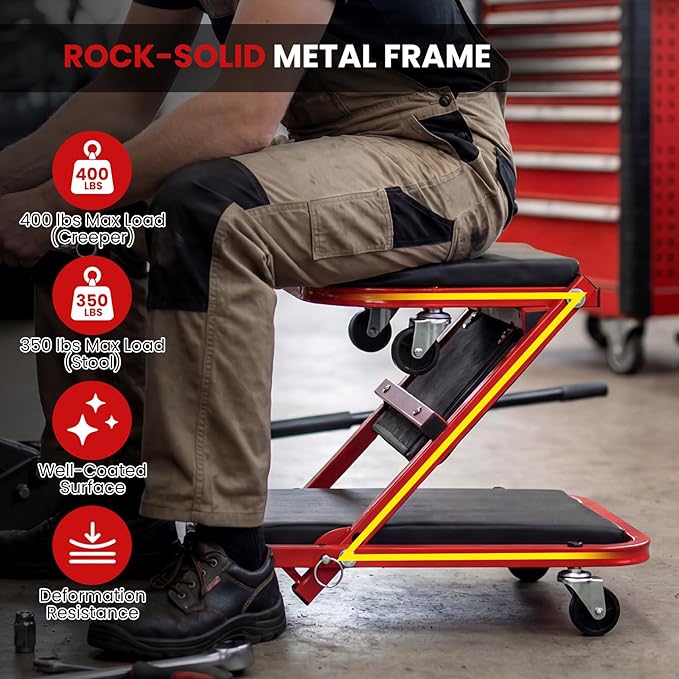 Goplus 2-in-1 Z-Shaped Rolling Garage Stool, 36" Folding Flat Automotive Creeper with Padded Seat & 6 Swivel Casters, Convertible Mechanic Stool for Auto Workshop & Repair