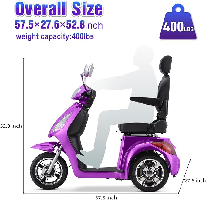 Super Large Electric 3 Wheel Mobility Scooters, 800W Wheelchair Device, 500 LBS Capacity Electric Wheelchair for Seniors & Adults, Speed Adjust, Remote Key, Receive Ready to Ride (Purple)