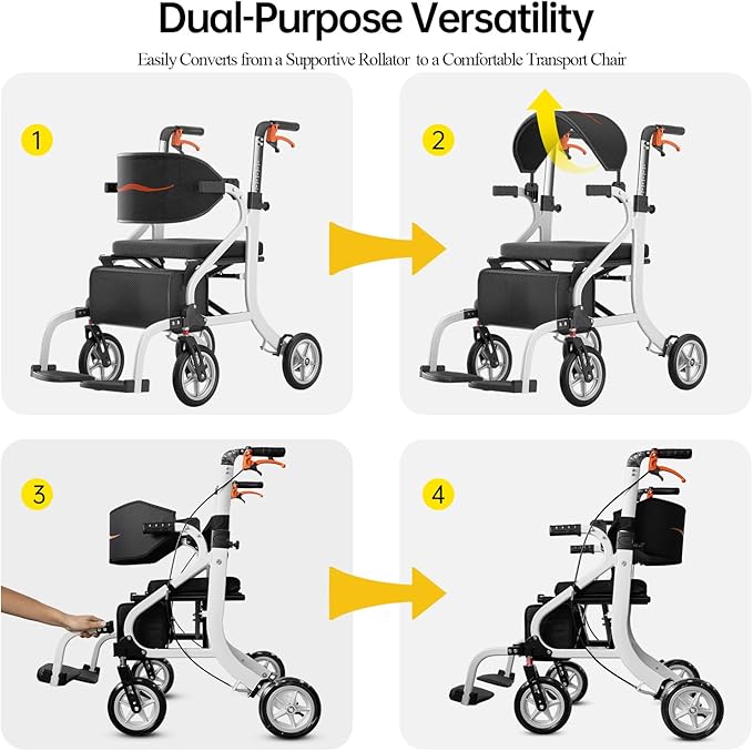 2-in-1 Walker and Transport Wheelchair Combo, Lightweight Foldable Mobility Rollator Chair for Seniors, Pre-Assembled 17 lbs Travel Chair with 8" All-Terrain Wheels, Support 330 lbs