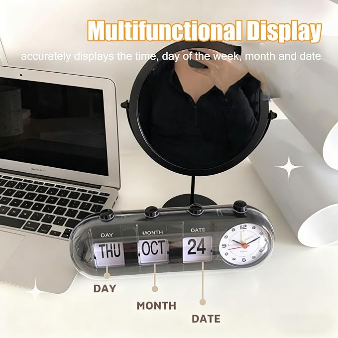 Flip Clock, Manual Jump Desktop Clocks with Date Retro Table Clock Non Ticking Calendar Alarm Clocks, Month, Day of Week Display(Black)