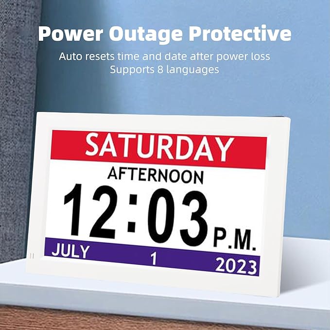 ASHATA 7 Inch Clock with Day and Date for Elderly Large Display, Dementia Clocks for Seniors, 12 Alarms Custom Reminders, Auto Dimming, Supports 8 Languages, for Appointments