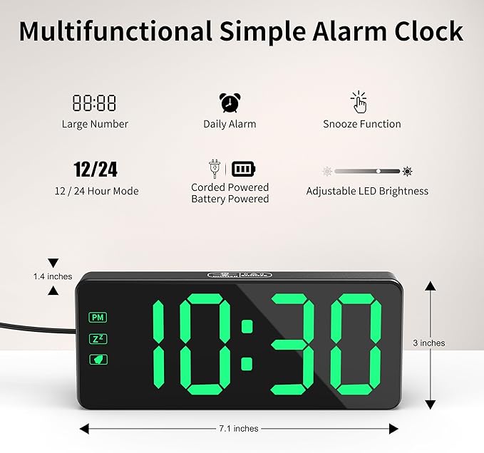 KWANWA Alarm Clock for Heavy Sleepers - 2.4" Super Bright LED with 3-Stage Dimming, 7-Min Snooze, Anti-Power Outage Design/Battery Backup (UL Adapter + 59" Charging Cable Included)