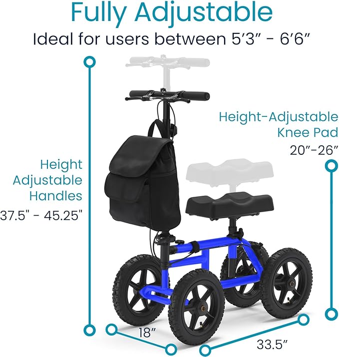 Vive Mobility All Terrain Knee Scooter Walker for Foot Injuries - Adult Broken Leg Crutch Cart Roller for Surgery, Broken Foot, Ankle Injury - Kneeling Rolling Steerable Seated Wheel Scooter Aid