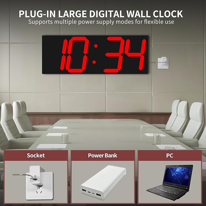 CHKOSDA 18.7‘’Large Digital Wall Clock,LED Digital Clock with Big Number,Multi-Function Remote Controlled Wall Clock with Timer, Alarm and Calendar Display(Red)