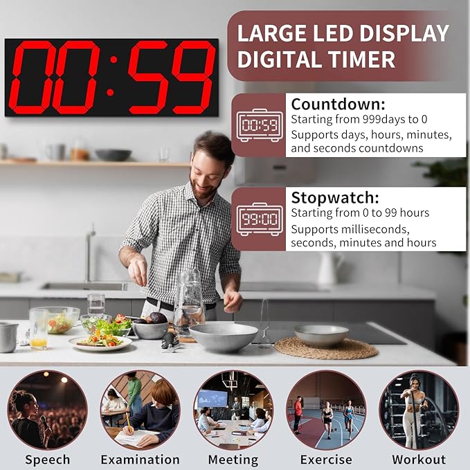 CHKOSDA 18.7‘’Large Digital Wall Clock,LED Digital Clock with Big Number,Multi-Function Remote Controlled Wall Clock with Timer, Alarm and Calendar Display(Red)
