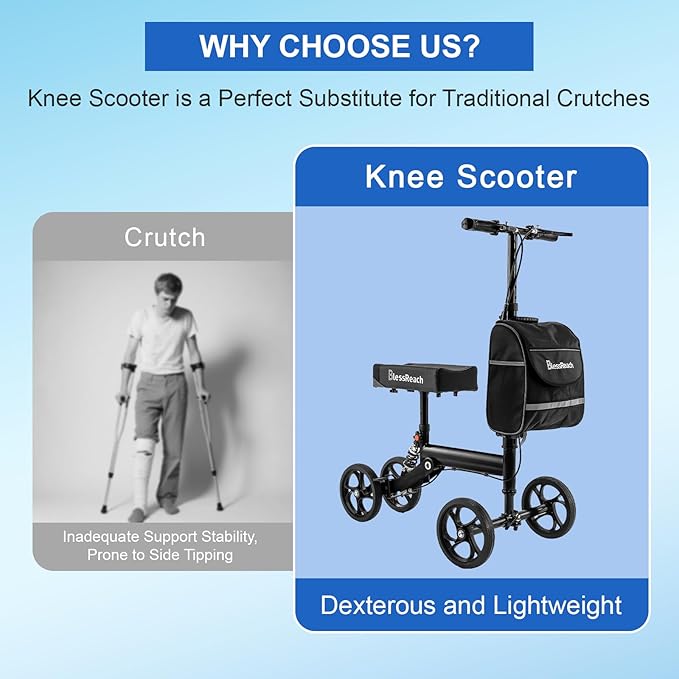 BlessReach Knee Scooter Steerable Knee Walker Deluxe Medical Scooter for Foot Injuries Adult Compact Crutches,Supports Up to 300 lbs（Black）