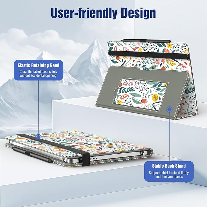 TiMOVO Universal Case for 10.1 Inch Android Tablet with Pen Loop, Lightweight Folding Stand Cover with Hand Strap for All 9.6"-11" Touchscreen Tablet, Flowers