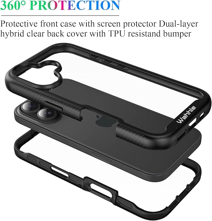 wahhle Compatible with iPhone 16 Plus Case, Built in Screen Protector Full Body Shockproof Slim Fit Bumper Protective Phone Cover 6.7'' Men Women-Black/Clear