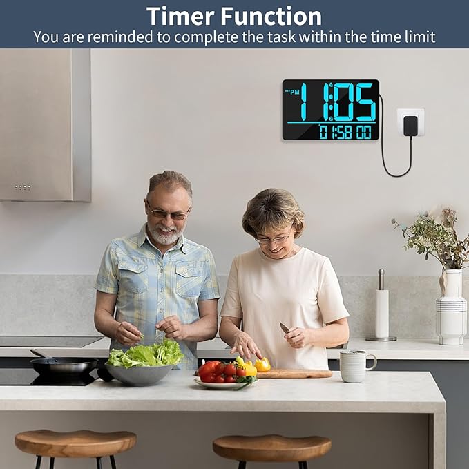 PERSUPER 13" Digital Wall Clock Large Display with Remote, 25 Ringtones, Temperature, Calendar, 0-100% Auto or Custom Brightness, 12/24H, DST, Timer, for Living Room, Kitchen, Bedroom, Elderly（Blue）