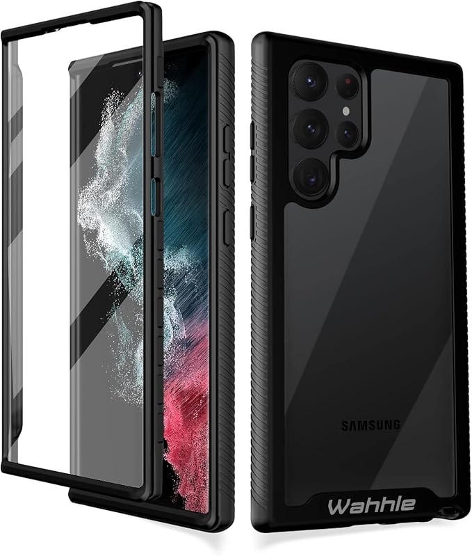 wahhle Compatible with Samsung Galaxy S22 Ultra Case, Built in Screen Protector Full Body Shockproof Slim Fit Bumper Protective Phone Cover for Samsung S22 Ultra 5G-Black/Clear