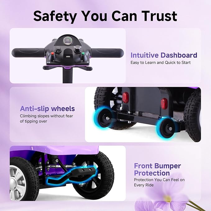 XERATH Mobility Scooters for Seniors Lightweight and Portable,Mobility Scooter with LED Headlights and Basket,lightest Foldable Mobility Scooter 4 Wheels Electric Powered Chargeable Device (Purple)