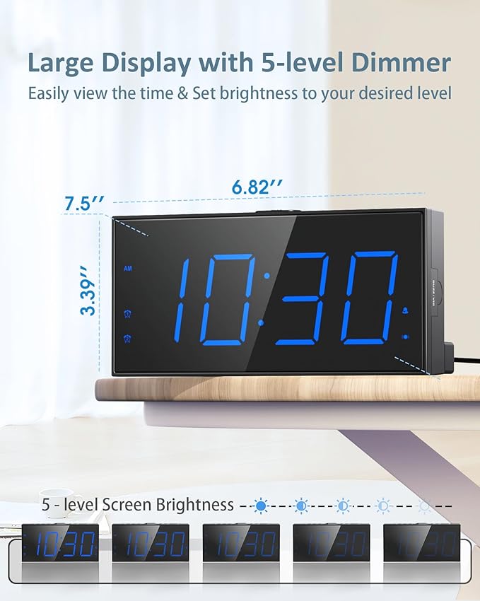 Roxicosly Loud Alarm Clock with Bed Shaker, Vibrating Alarm Clock for Heavy Sleepers/Hard of Hearing/Deaf,Dual Alarms, 7.5’’ Large LED Display, Dimmer, USB Charging Port, Plug-in with Memory Function