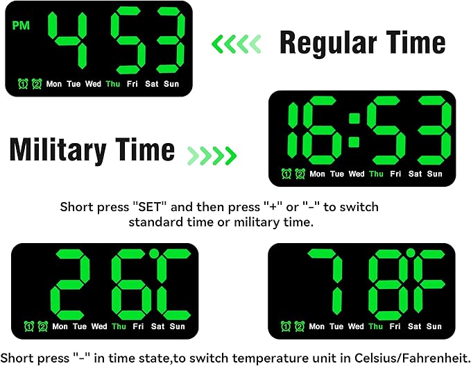 9.5 Inch Large Digital Wall Clock with LED Display, Auto DST, Dual Alarm with Snooze, Adjustable Brightness, Temperature & Date Display, Wall Mount or Desk Clock for Bedroom, Living Room, Office-Green