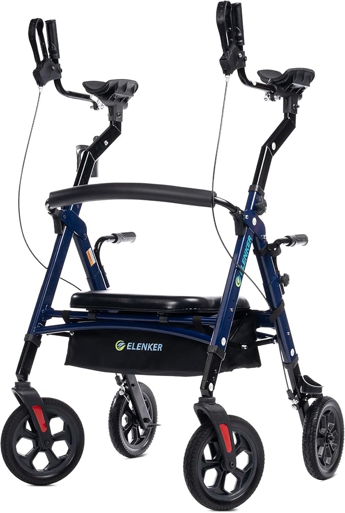 ELENKER All Terrain Heavy Duty Upright Walker with Extra Wide Seat, Foldable Aluminum Bariatric Stand Up Rolling Walker, 10” Wheels, Fully Adjustment Frame, Support up to 500 lbs for Seniors, Blue